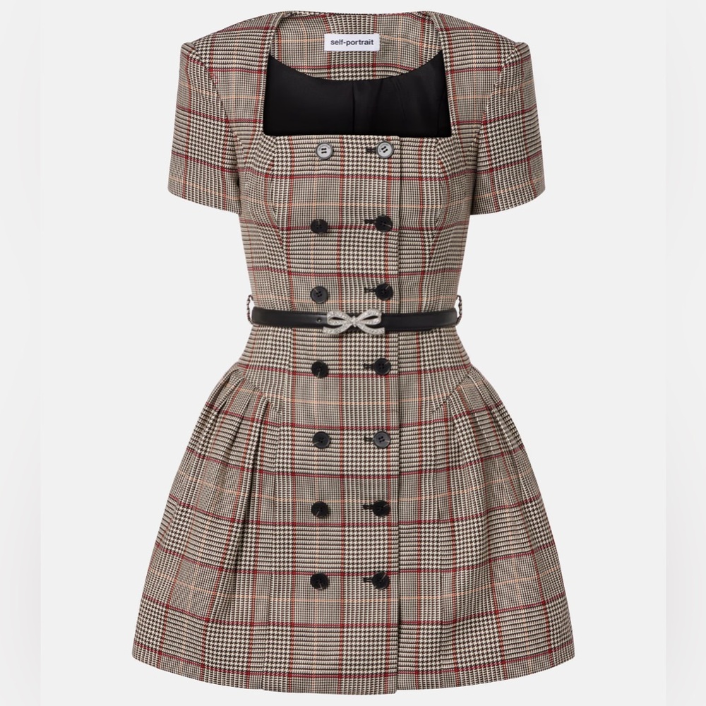 SELF-PORTRAIT Houndstooth wool-blend twill minidress size US 2